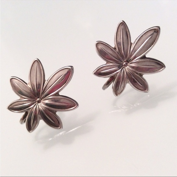 LEAF FLOWER SCREW BACK CLIP ON STERLING SILVER EARRINGS VINTAGE - Picture 2 of 6